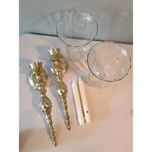 Vintage Pair (2) Candle Holder Brass Wall Sconce Torch With Hurricane Lamp India
